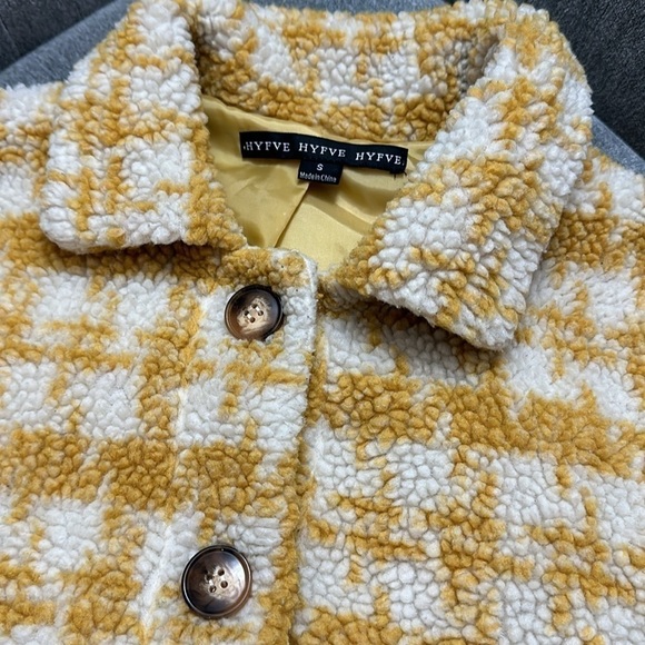 HYFVE Size Small Cropped Peacoat Button Up Jacket Mustard Yellow and Cream Plaid - Picture 2 of 5